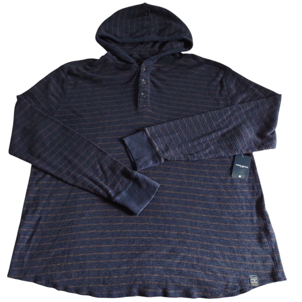 Lucky Brand XXL Blue Brown Striped Hooded Thermal Knit Shirt 100% Cotton